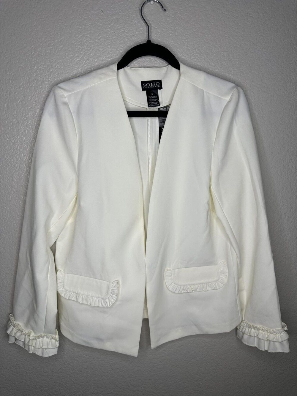 NEW SOHO Apparel Ltd Blazer Womens Medium Ruffle Trim Open Front Jacket Pockets